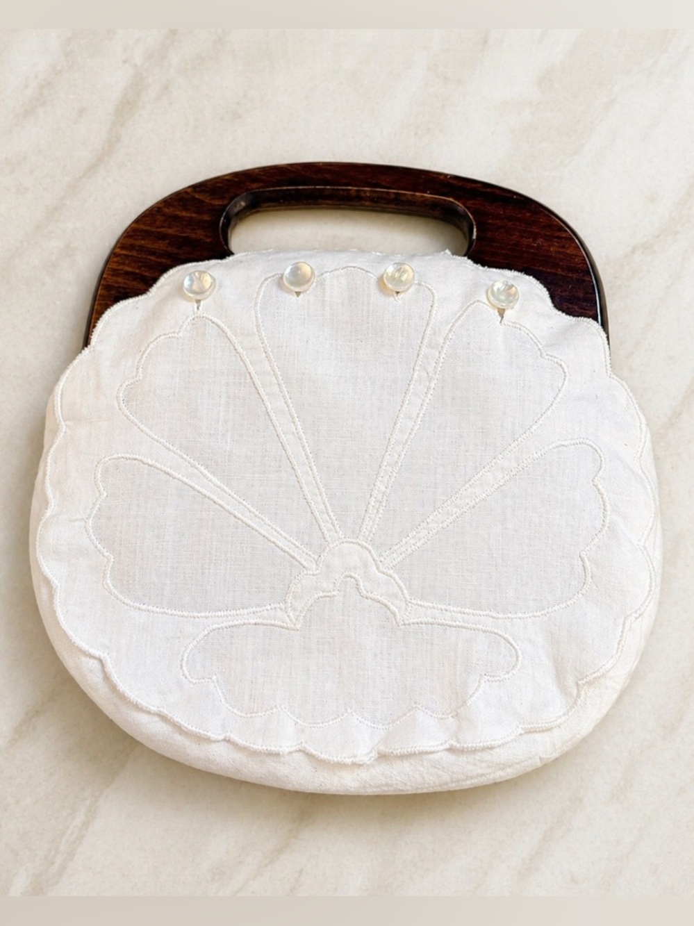 Vintage La LANTHE Wood Handle Handbag | French Linen Embroidered | Pearl Accent